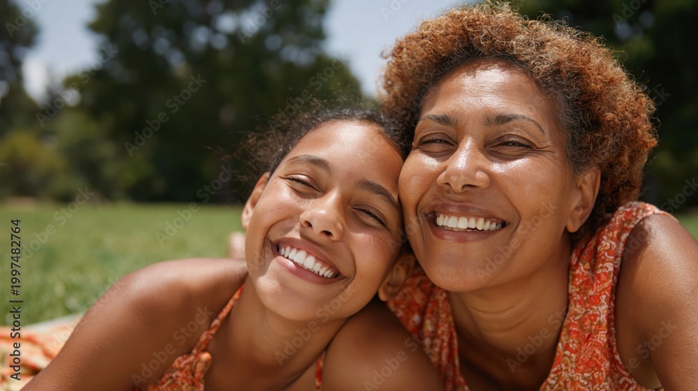 Naklejka premium Joyful Black grandmother and granddaughter share a happy moment outdoors on a sunny day