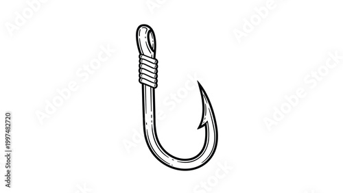 Black and white line drawing of a single sharp fishing hook with a wrapped shank on a white background for fishing tackle manuals.