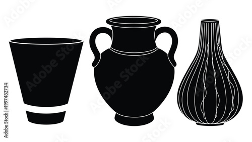 Three distinct black vase silhouettes including a simple tapered pot, a classic amphora, and a textured bottle vase on a white background.