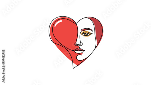 Creative one-line drawing of a heart shape merging with a female face profile colored with a red splash for love and beauty concepts.
