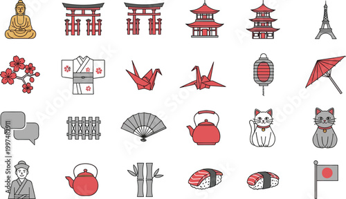 Japanese Culture Icon Vector Set with Traditional Symbols Including Temple Torii Gate Sushi Origami Lantern and Geisha for Travel Design, Asian Theme, and Cultural Illustration Projects.