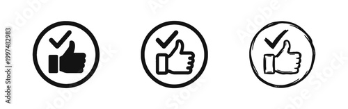 Thumbs up with checkmark icons in solid, outline, and hand-drawn styles for approval and success.