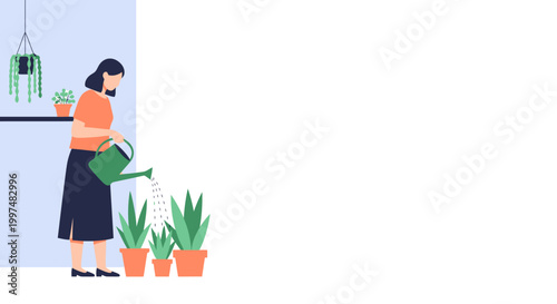 Woman waters flate desain plants in modern indoor garden with flate pot