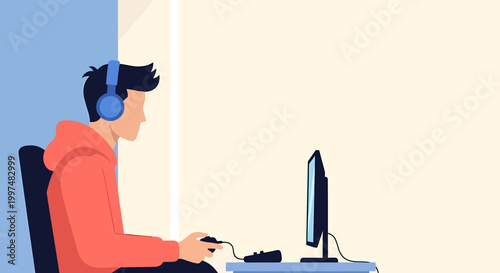 A flate desain concept gamer sits with headset on flate desain workstation.