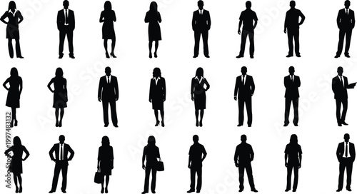 Business professional silhouette set featuring diverse men and women in corporate suits plus office workers standing in various formal poses