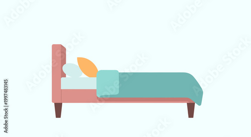 A flate desain bed with a teal blanket and pink frame stands in a room.