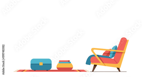 A flate desain chair with colorful pillows and matching ottomans on a vibrant rug