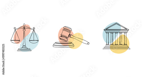 Symbolic illustration of legal justice featuring scales of justice, a gavel, and a courthouse building with abstract shapes.
