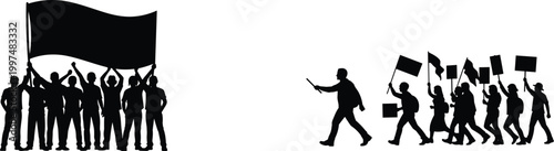 Protest crowd silhouettes, people holding banners and marching together isolated on white background, activism demonstration social movement concept illustration