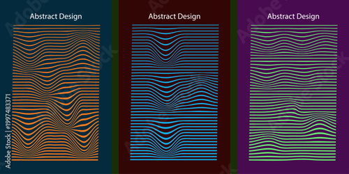 Abstract design poster set with wavy line patterns, psychedelic optical illusion backgrounds, 3 vector templates with distorted geometric stripes