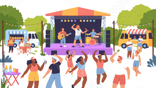 Colorful outdoor music festival with happy crowd enjoying live performance under a stage Vector