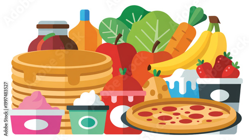 Colorful flat design illustration of healthy food and breakfast items on a wooden table Vector