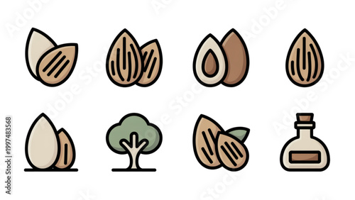 Flat icons set of nuts, seeds, fruits, and health-related items Vector