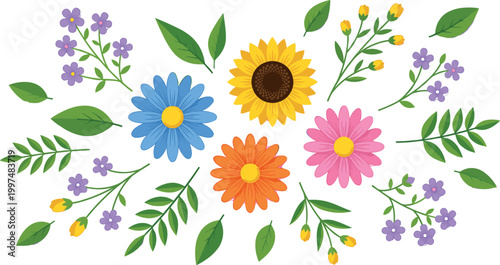 Colorful floral flower arrangement set flat vector illustration collection leaves branches botanical elements for spring nature decoration design