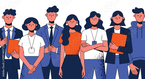 Diverse Business Team Standing Together with Documents and Digital Devices Flat Vector Illustration