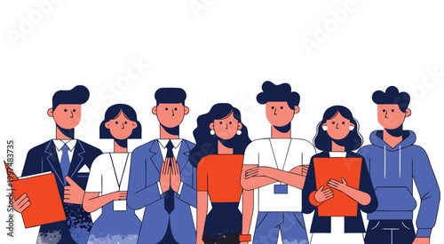 Diverse Business Team Standing Together with Documents and Digital Devices Flat Vector Illustration