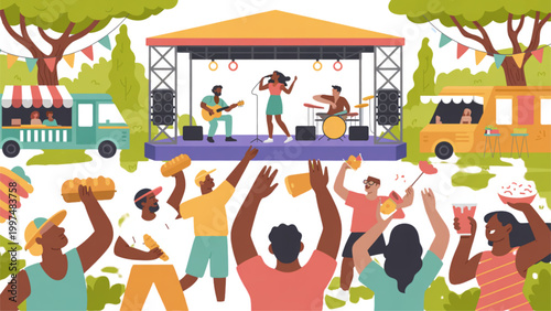 Diverse group of people celebrating with raised hands under colorful tent Vector