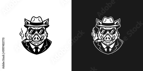 Stylized boar wearing hat sunglasses smoking cigar monochrome illustration