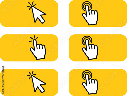 Yellow buttons with clicking hand or arrow pointer set, click here vector template collection for web UI, call-to-action design, interactive interface and digital marketing elements.