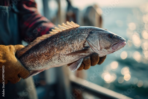 Gloved hands holding large fresh fish on ship