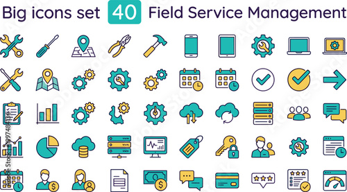 Field service management icon set color editable stroke collection maintenance tools workforce scheduling tracking symbols for web UI design
