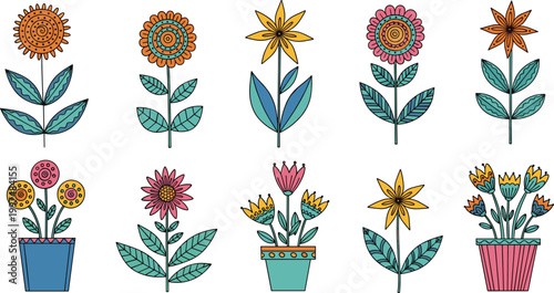 Hand Drawn Floral Vector Set with Decorative Flowers in Pots and Garden Plants for Spring Design, Home Decor Illustration, and Botanical Creative Projects.