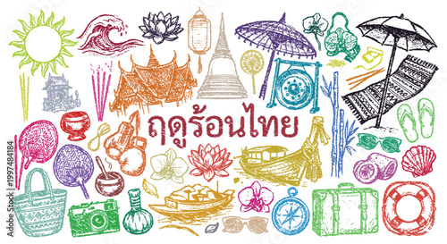 Hand drawn colorful Thailand summer travel doodle icon set. Temple, longtail boat, lotus, umbrella, Muay Thai gloves. For tropical vacation brochure, tourism flyer. Vector art.