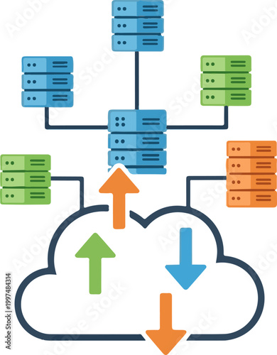 Several colorful server racks connected to a digital cloud symbol representing modern data storage and wireless information network technology systems