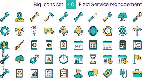 Field service management icon set color editable stroke collection maintenance tools scheduling tracking workforce symbols for web UI applications