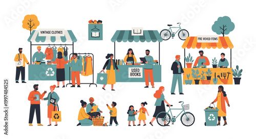 Sustainable Second Hand Market: People Shopping for Vintage Clothes, Used Books & Pre-loved Goods. Circular Economy, Reuse & Eco-Friendly Lifestyle Illustration.