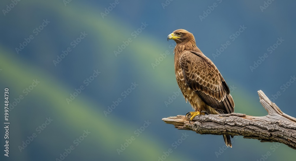 Fototapeta premium A majestic eagle perches gracefully on a weathered tree branch, its keen eyes scanning the vast wilderness under soft daylight, beak, sharp, predator