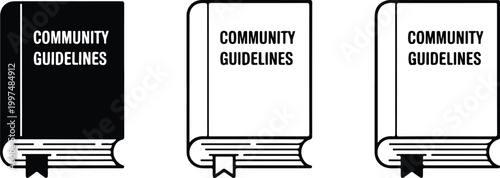 Three black and white book icons with community guidelines text and bookmarks representing terms of service rules and regulations