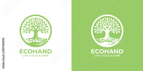 Tree of life logo with hand and leaf