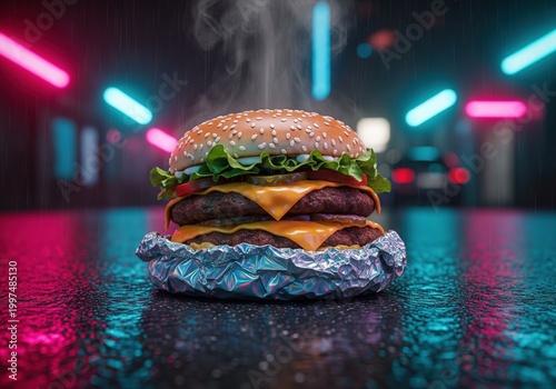Fresh Steaming Cheeseburger On Aluminum Foil In A Rainy Futuristic Neon City Street At Night