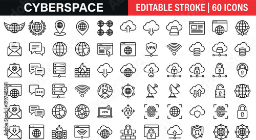 Cyberspace technology icon set outline editable stroke collection network cloud internet data communication symbols minimal line vector for web UI design