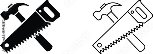 Hammer and hand saw crossed icons in solid black silhouette and thin line styles representing carpentry woodworking renovation and construction services