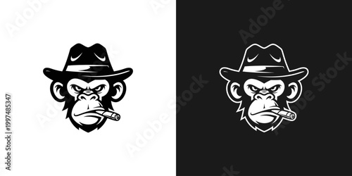 Monkey wearing hat smoking cigar monochrome vector illustration