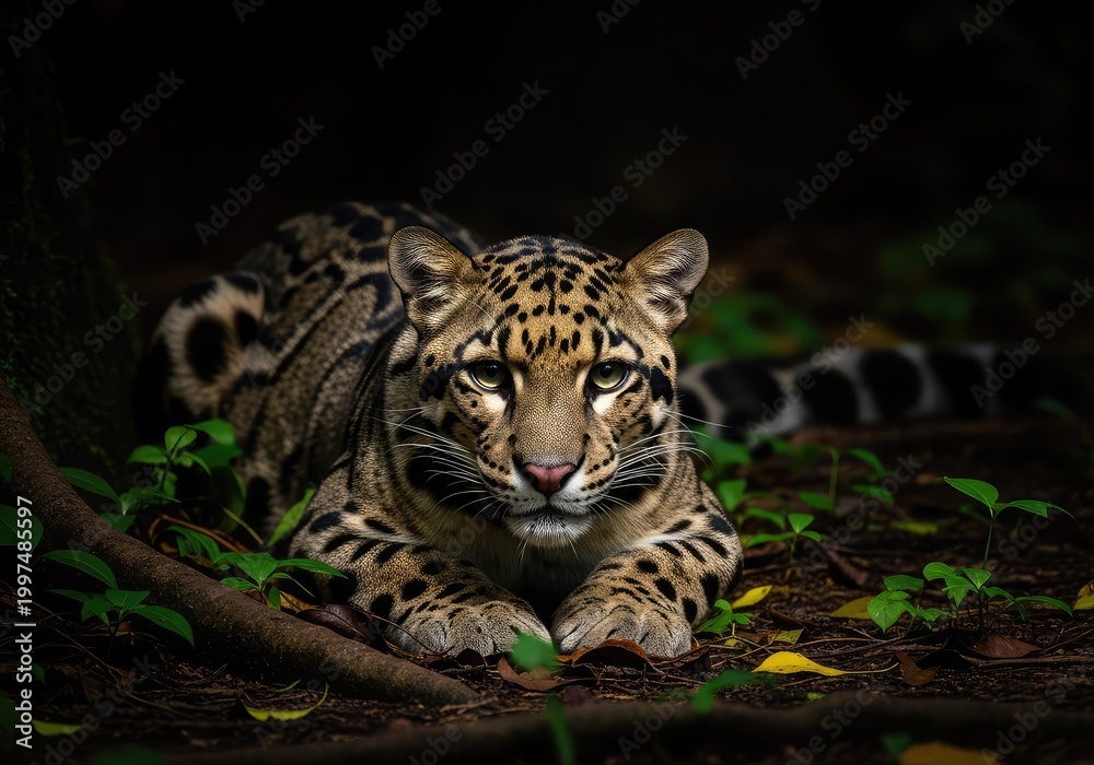 Obraz premium A rare nocturnal feline with distinct spots and dark stripes blends into the shadows of a humid tropical forest floor during the twilight, dense, trees, damp