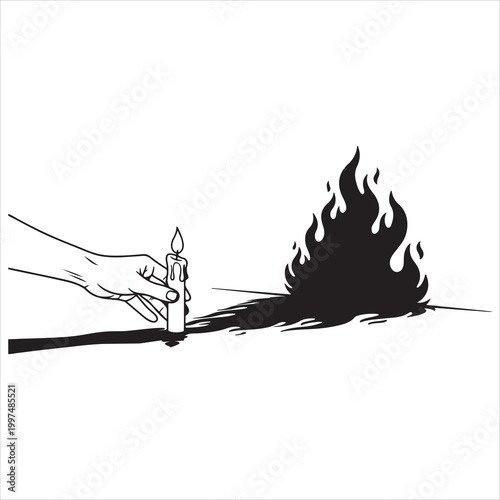 A Hand Illuminates a Candle Casting a Large, Fiery Shadow on a White Surface