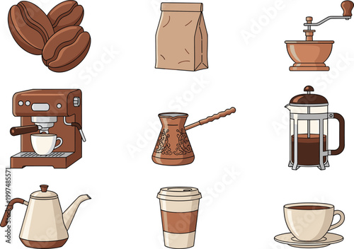 Coffee Preparation Vector Set with Beans Grinder Espresso Machine Turkish Pot and Brewing Equipment for Barista Design, Café Menu Illustration, and Beverage Making Concepts.