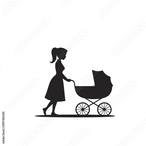 Mother walking with baby stroller silhouette vector illustration, parent pushing pram isolated on white background