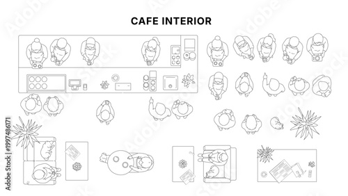 Top view architectural drawing of cafe interior with barista, customers and seating layout, floor plan style with furniture and people in clean minimal line illustration