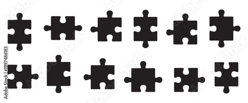 Simple puzzle pieces vector icon set, black jigsaw puzzle silhouettes, clean shapes for problem solving concept illustration isolated design