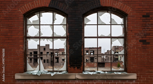 abandoned Detroit arched broken windows brick decay urban close up 