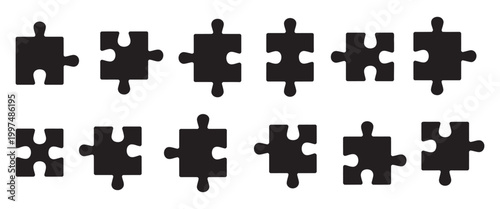 Simple puzzle pieces vector icon set, black jigsaw puzzle silhouettes, clean shapes for problem solving concept illustration isolated design