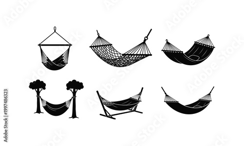 Hammock collection for resting and relaxation in tropical trees and stands vector design.
