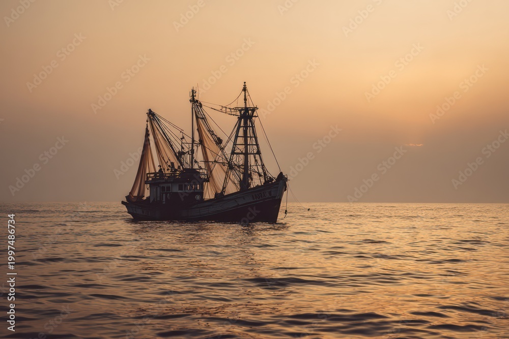 Obraz premium Fishing boat with nets at sea golden hour
