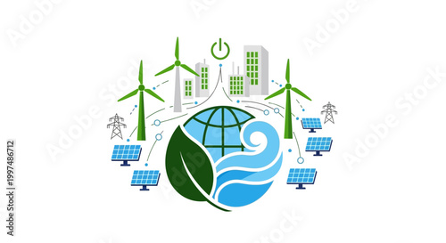 Global Sustainable Energy Network: Eco-friendly City Powered by Wind, Solar, and Hydropower Illustration