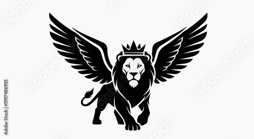 Majestic Winged Lion King with Crown Vector Illustration