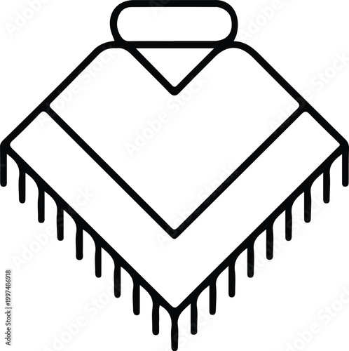 Minimalist poncho garment line icon, traditional Mexican clothing vector illustration with fringe details for fashion design, cultural apparel branding and textile concepts